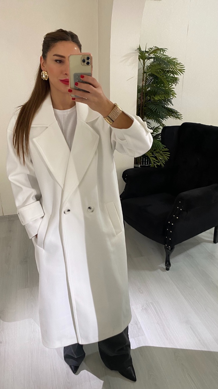 Beyaz Premium Astarlı Kaşe Kaban