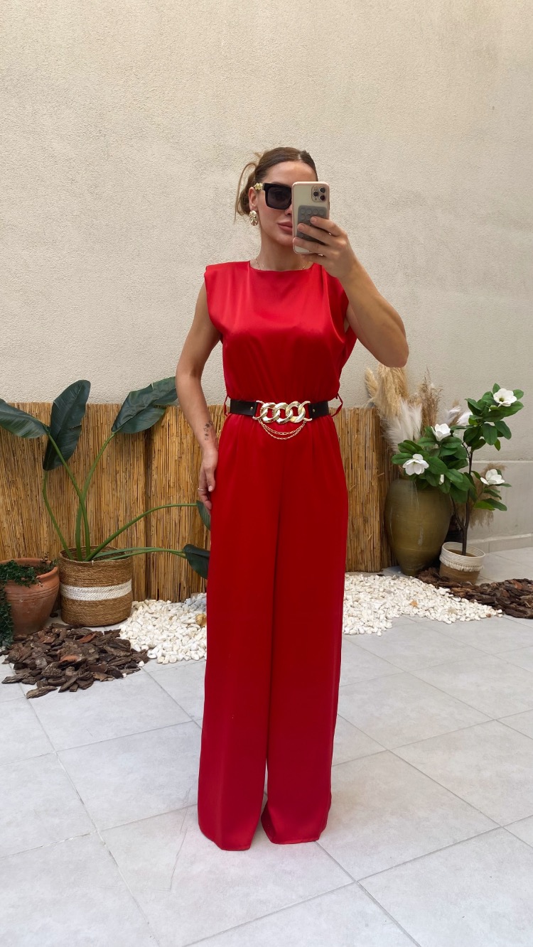 Kırmızı Premium Saten Kemerli Bol Paça Tulum