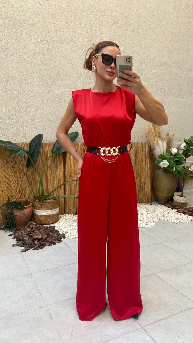 Kırmızı Premium Saten Kemerli Bol Paça Tulum