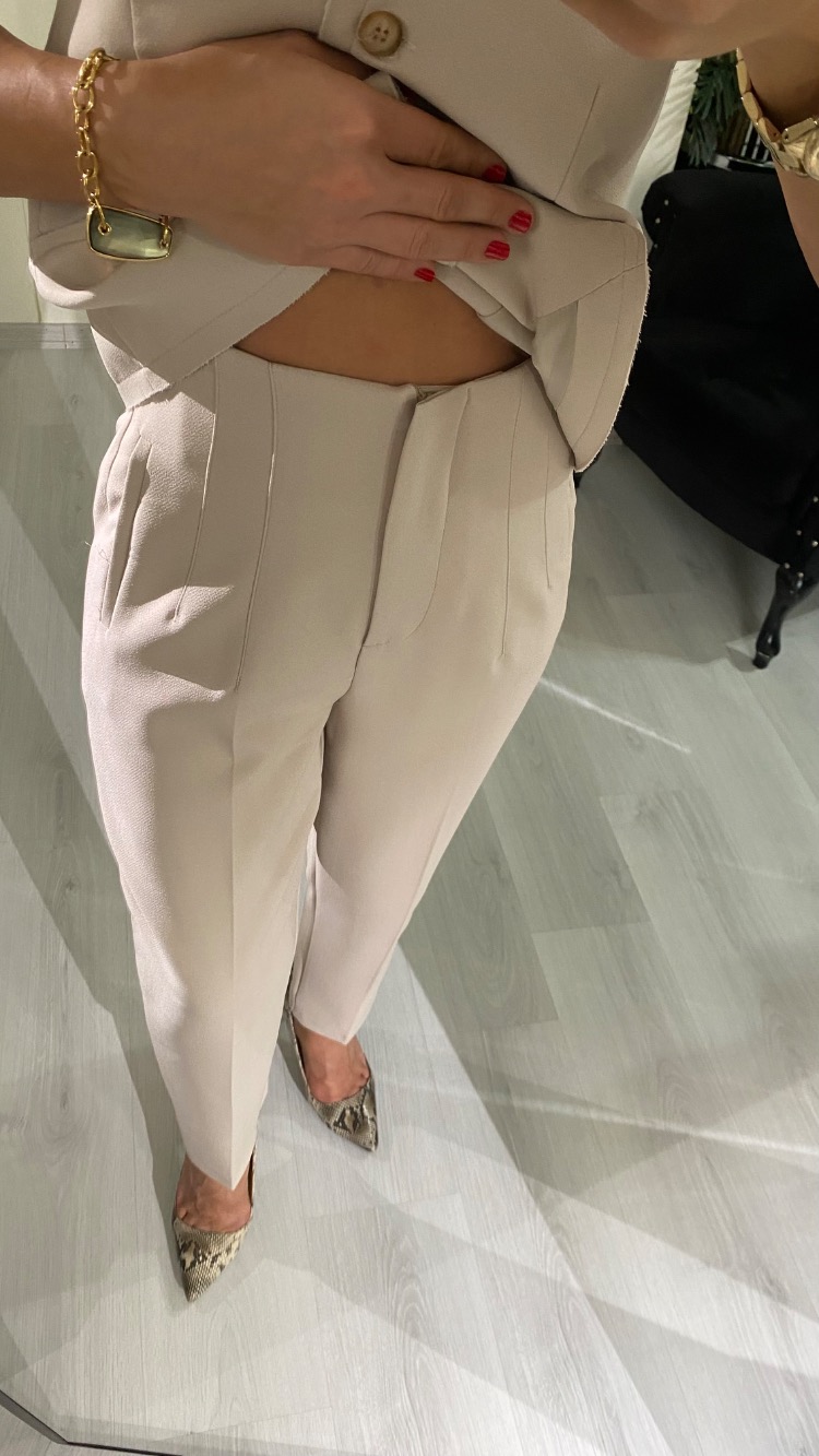 Krem ZR model Yüksel Bel Pensli Pantolon