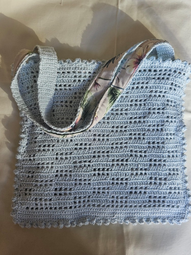 Açık mavi %100 bambu iplik, astarli omuz çantasi
