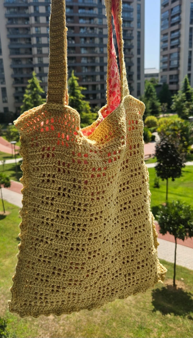 Sarı %100 pamuk iplik tığ işi omuz çantası