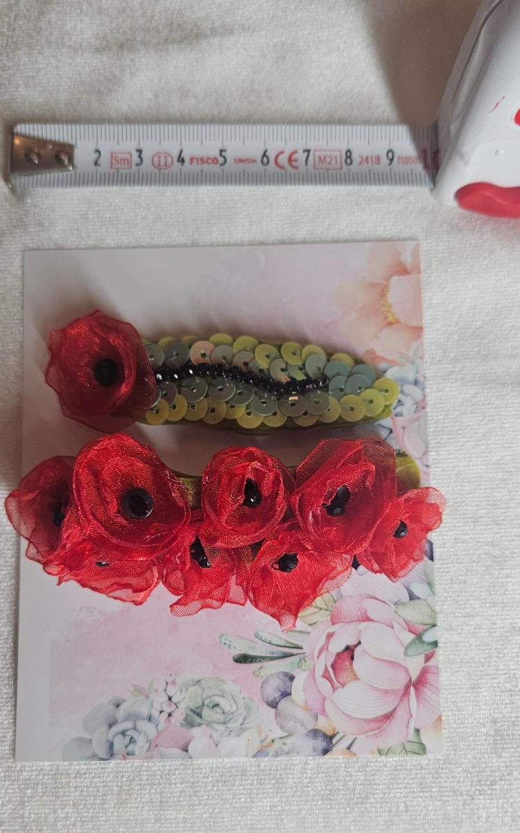 Kristal taşlı, Pullu,Gelincik Tasarım, Kırmızı Renkli, Saç Tokası Takımı3, Hediye
