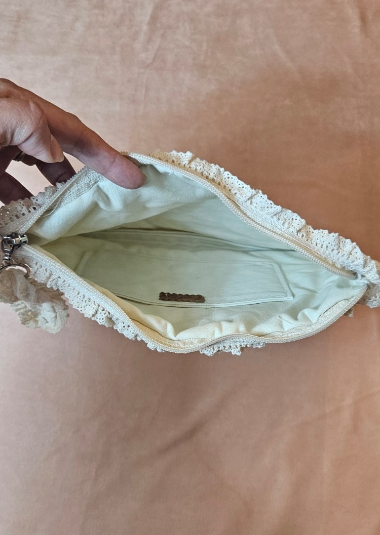Beyaz Vintage Dantel Kumaş Yazlık Clutch, Portföy Çanta