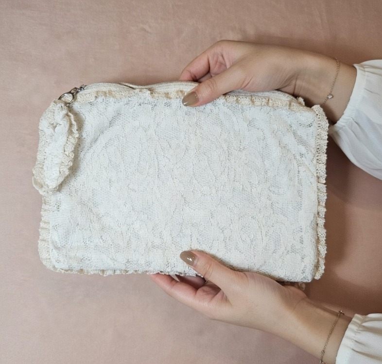 Beyaz Vintage Dantel Kumaş Yazlık Clutch, Portföy Çanta
