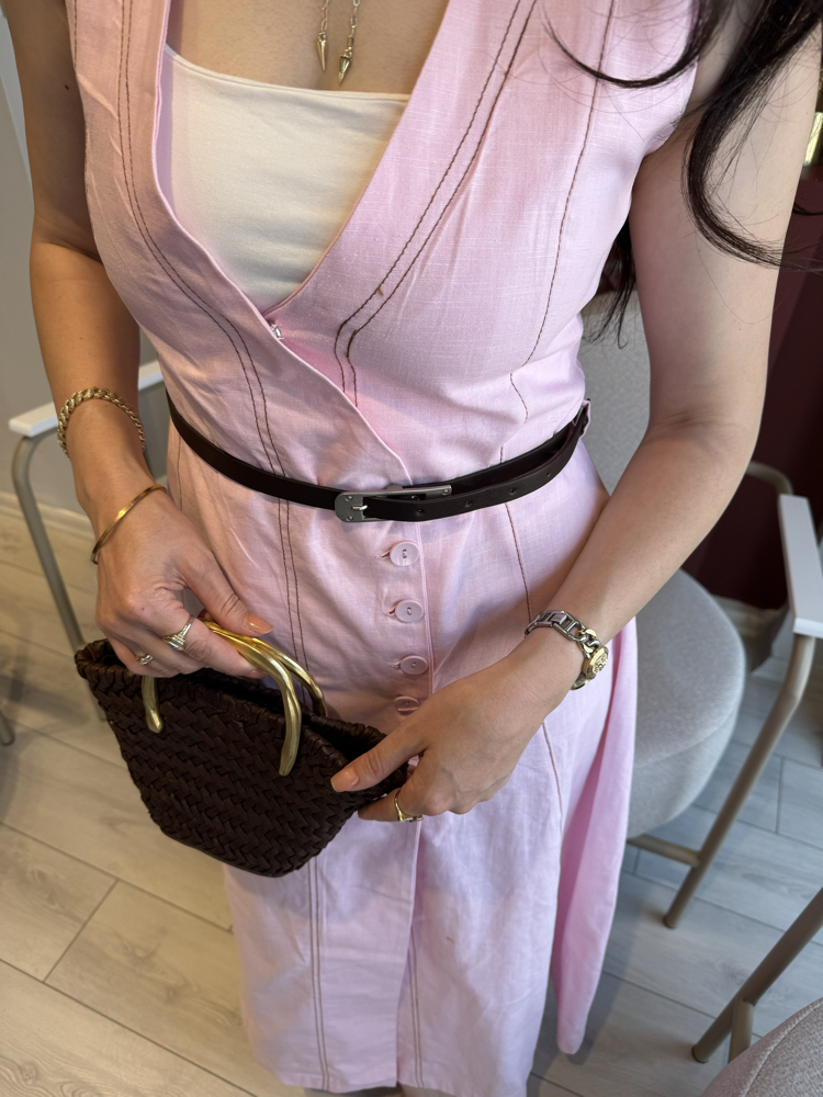 Pembe kahverengi kemerli organik keten boydan gömlek elbise