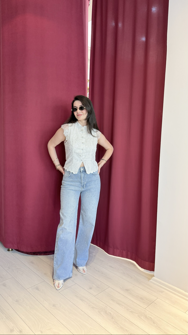 Taşlı buz mavisi kot pantolon 