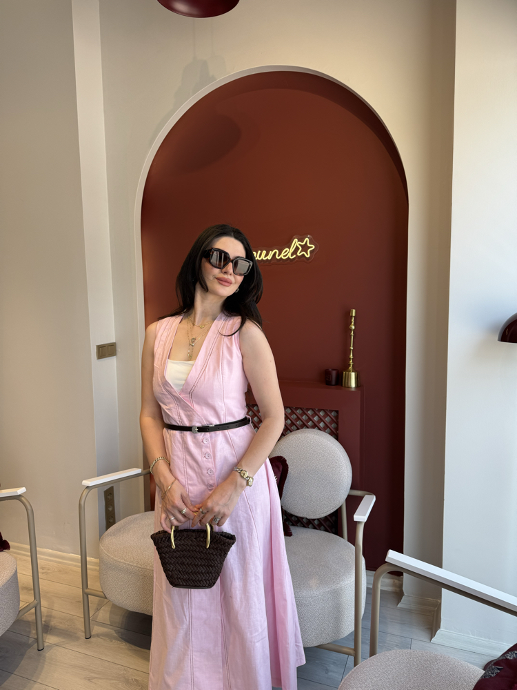 Pembe kahverengi kemerli organik keten boydan gömlek elbise