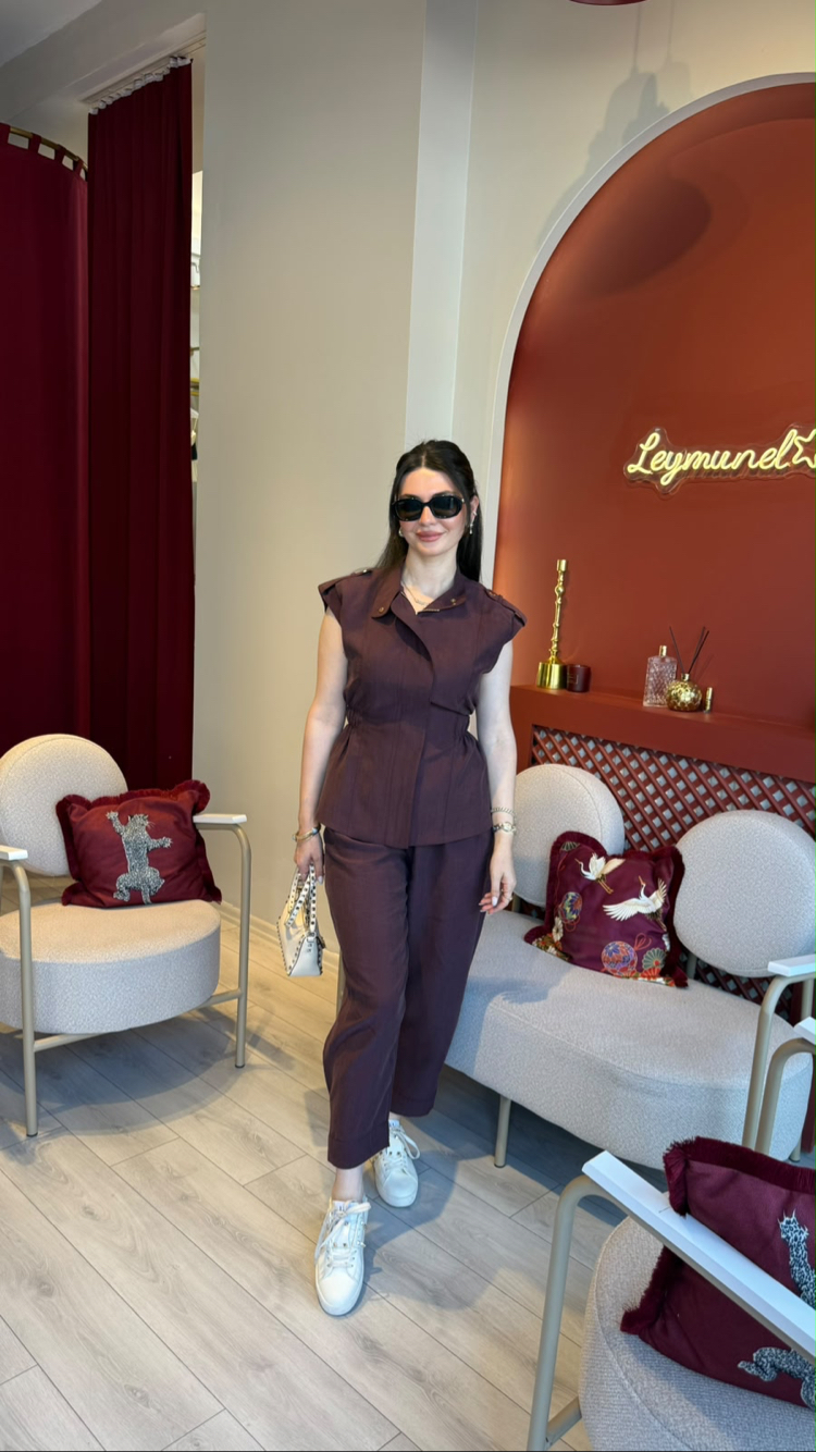 Bordo poplin keten beli lastikli fermuarlı astarlı gold düğmeli yelek cepli pantolon takım