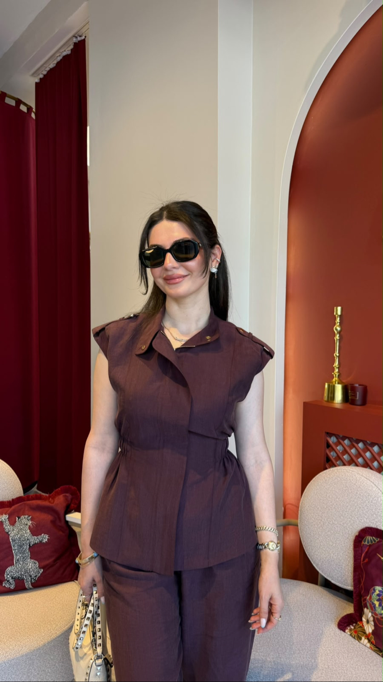 Bordo poplin keten beli lastikli fermuarlı astarlı gold düğmeli yelek cepli pantolon takım