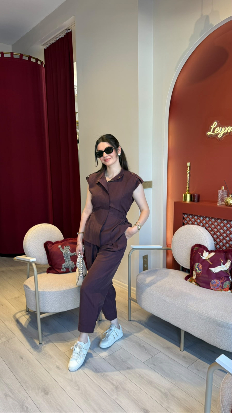 Bordo poplin keten beli lastikli fermuarlı astarlı gold düğmeli yelek cepli pantolon takım