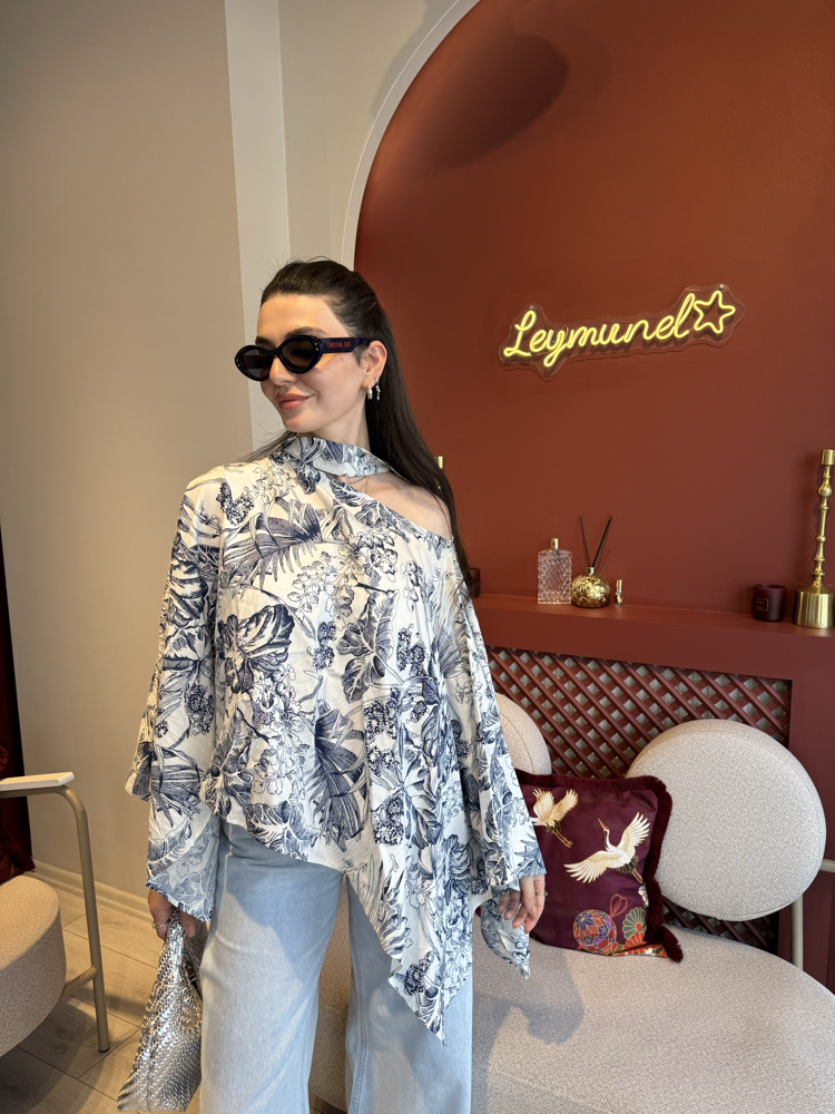 Siyah çiçekli keten tül taşlı bol kuşaklı pareo tunik bluz