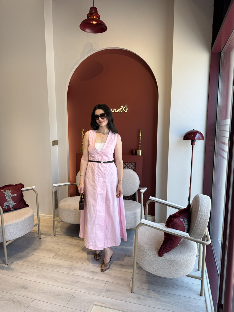 Pembe kahverengi kemerli organik keten boydan gömlek elbise