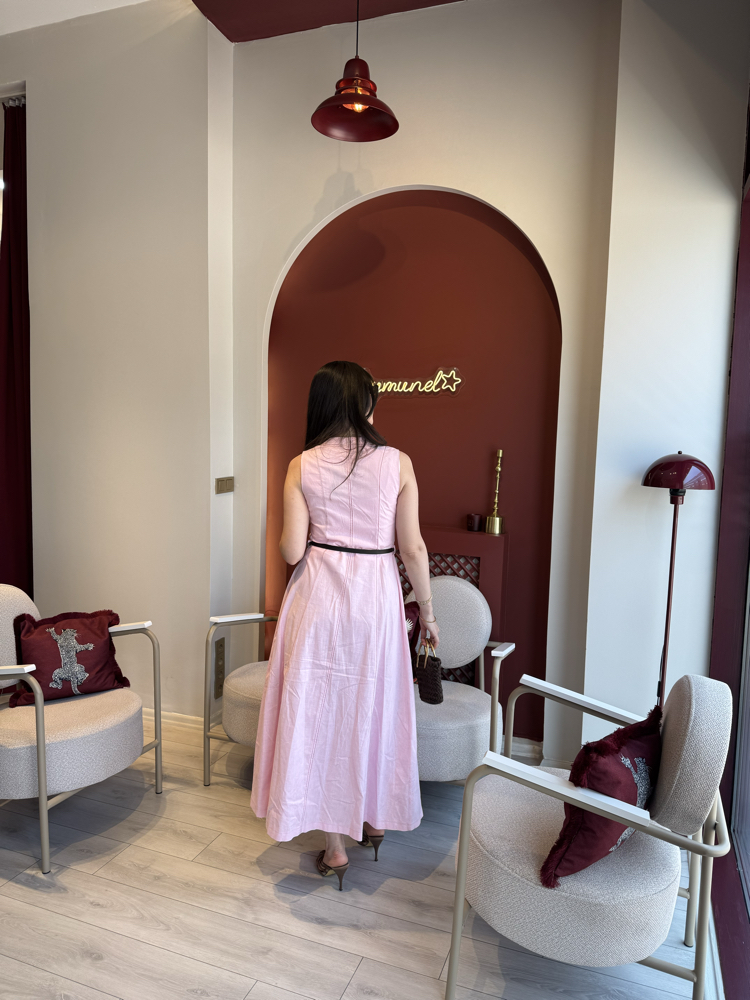 Pembe kahverengi kemerli organik keten boydan gömlek elbise