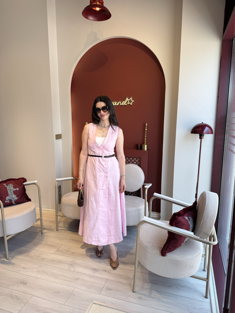 Pembe kahverengi kemerli organik keten boydan gömlek elbise