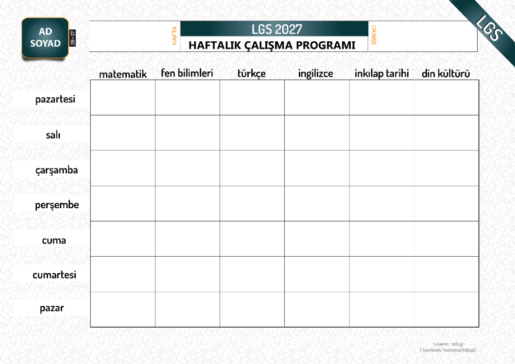 2027 LGS HAZIRLIK _ HAFTALIK ÇALIŞMA PROGRAMI