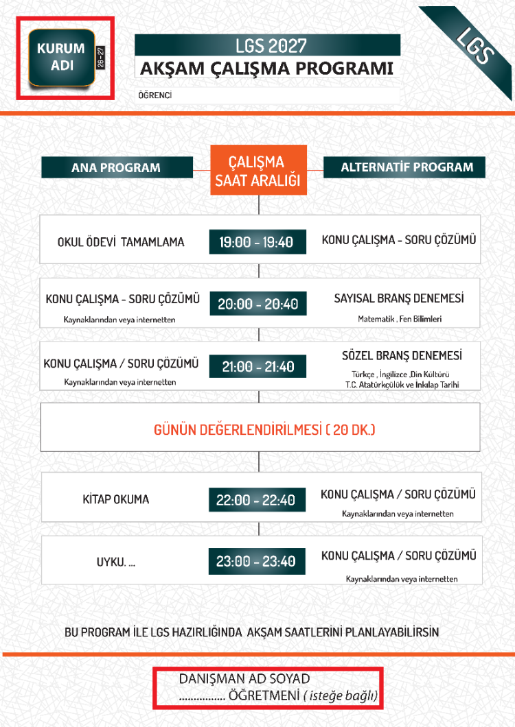2027 LGS HAZIRLIK _ AKŞAM ÇALIŞMA PROGRAMI