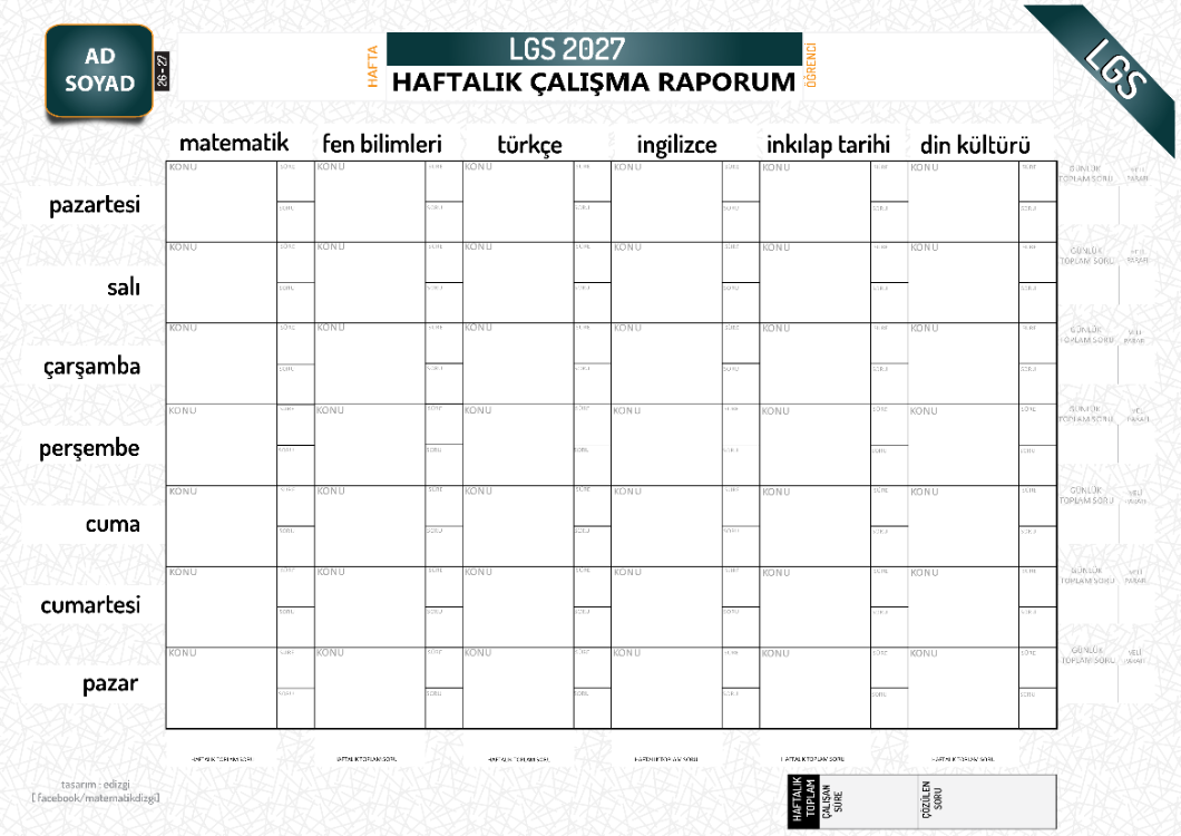 2027 LGS HAZIRLIK _ HAFTALIK ÇALIŞMA RAPORU