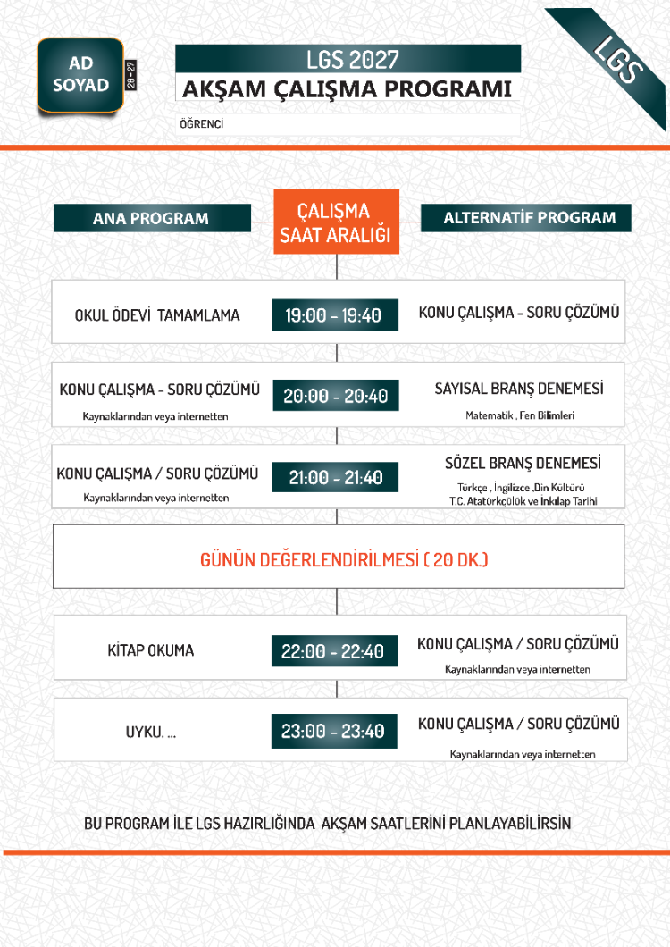 2027 LGS HAZIRLIK _HAFTA İÇİ AKŞAM ÇALIŞMA PROGRAMI