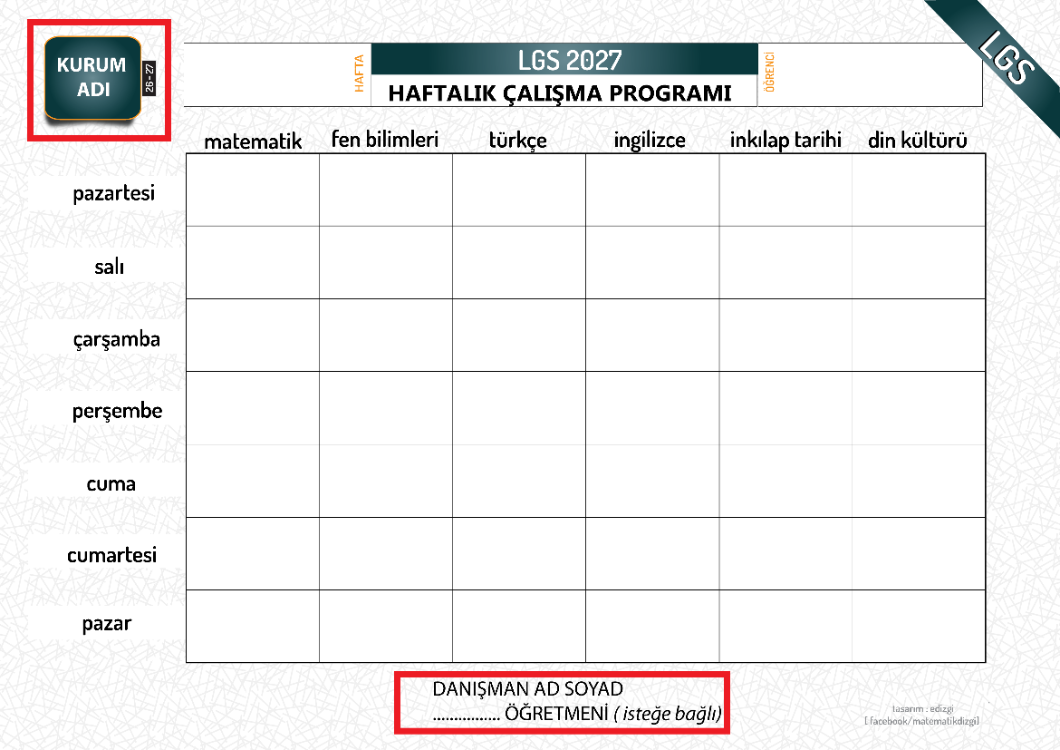 2027 LGS HAZIRLIK _ HAFTALIK ÇALIŞMA PROGRAMI