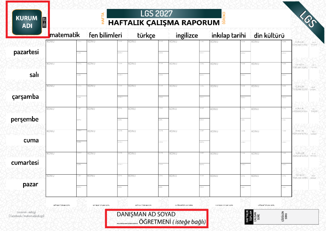 2027 LGS HAZIRLIK _ HAFTALIK ÇALIŞMA RAPORU