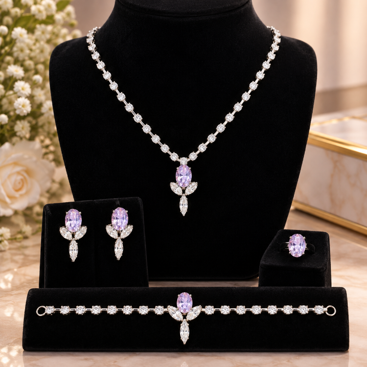 Hand Made Lavanta Kristal Taşlı Takı Seti - 4 Parça