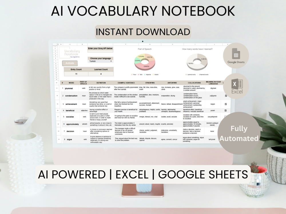 Yapay Zeka Kelime Defteri | Excel & Google Sheets