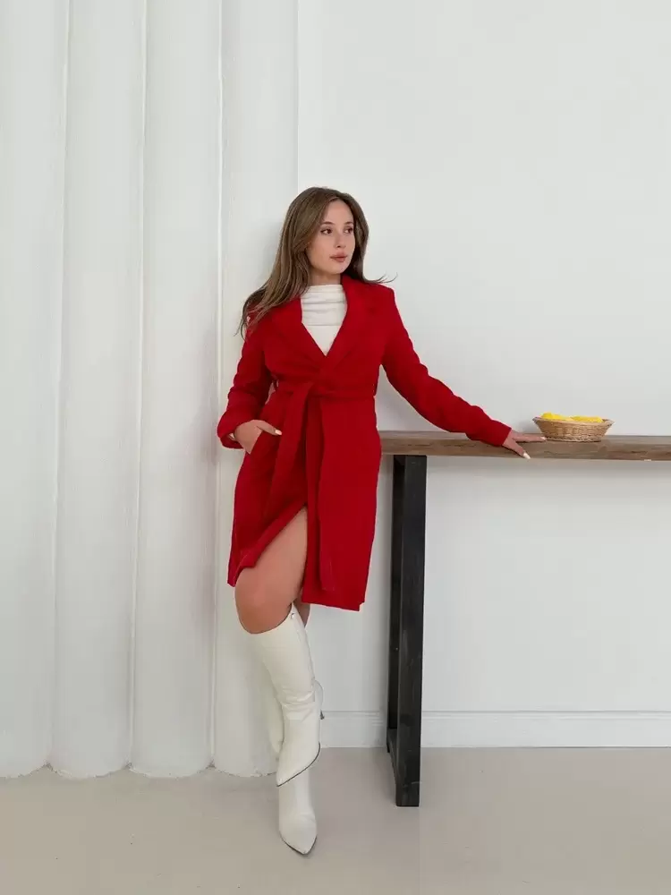 Cepli kuşaklı kaşe kaban kırmızı st26458