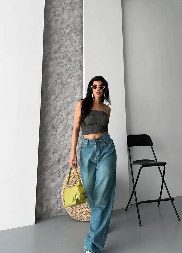 Baggy taş enzim bıyık yıkama jeans pantolon yeşil tint d2007