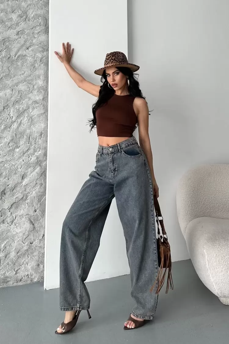 Baggy kar yıkama eskitme kahve jeans pantolon d2007