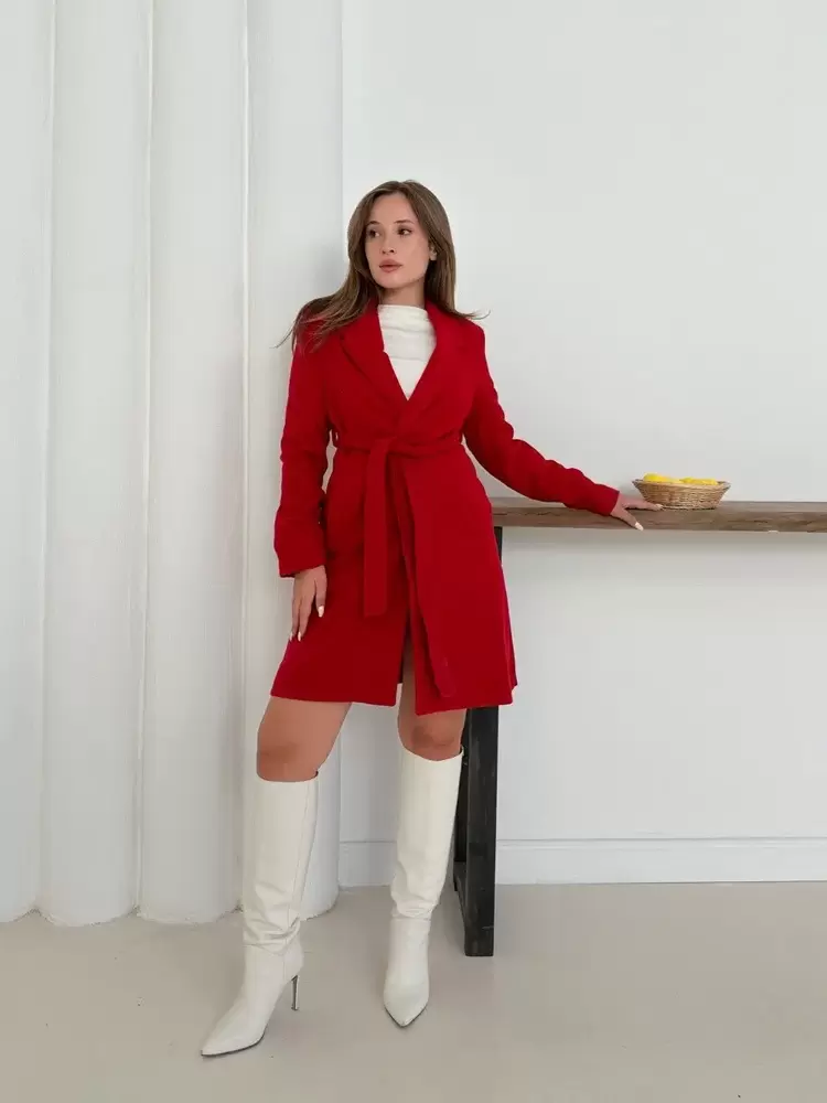Cepli kuşaklı kaşe kaban kırmızı st26458