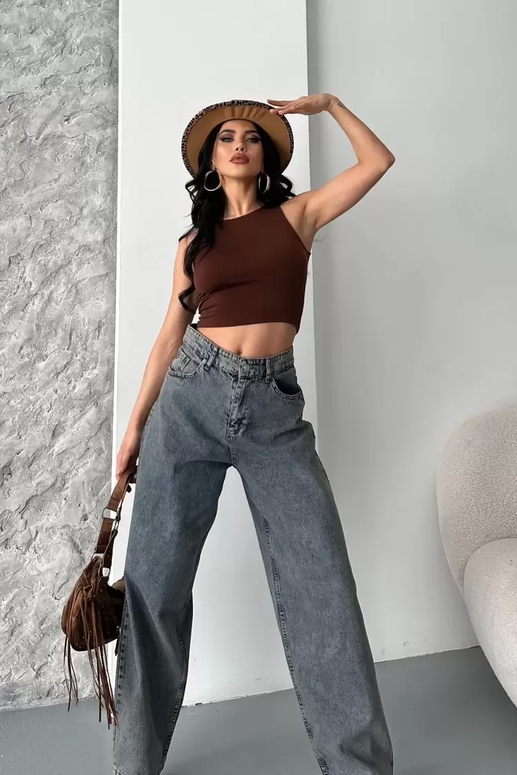 Baggy kar yıkama eskitme kahve jeans pantolon d2007