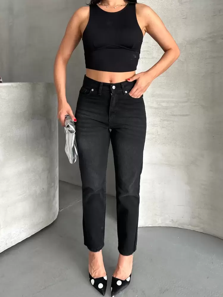 Mom fit enzim bıyıklı taş yıkama jeans pantolon siyah d2006