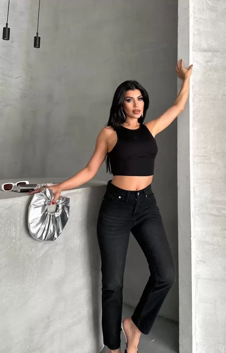 Mom fit enzim bıyıklı taş yıkama jeans pantolon siyah d2006