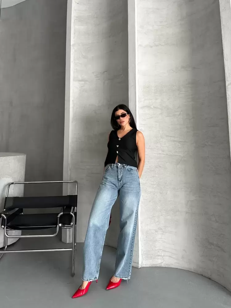 Palazzo straight kar yıkama jeans pantolon mavi d2008