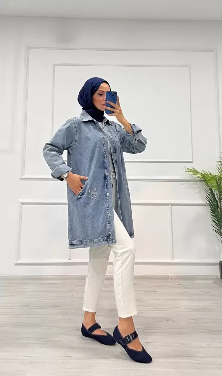 Taşlı tunik ceket kar yıkama orta mavi d2516