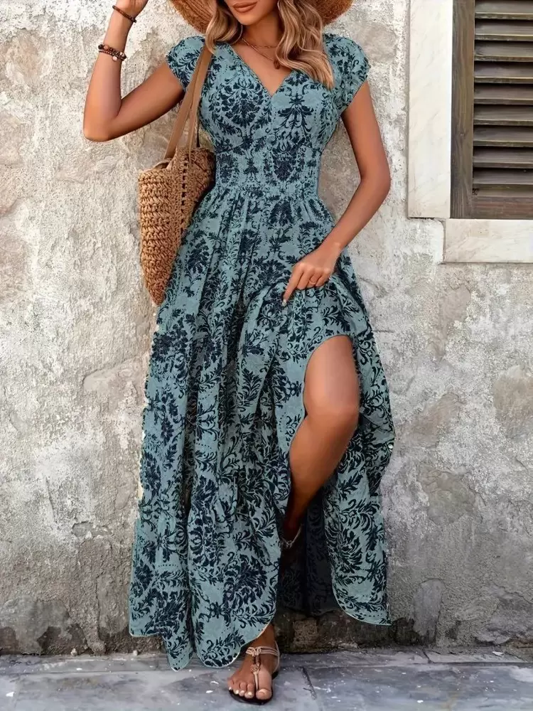 Kadın Kısa Kollu Kruvaze Yaka Beli Lastikli Süprem Maksi Boy Elbise