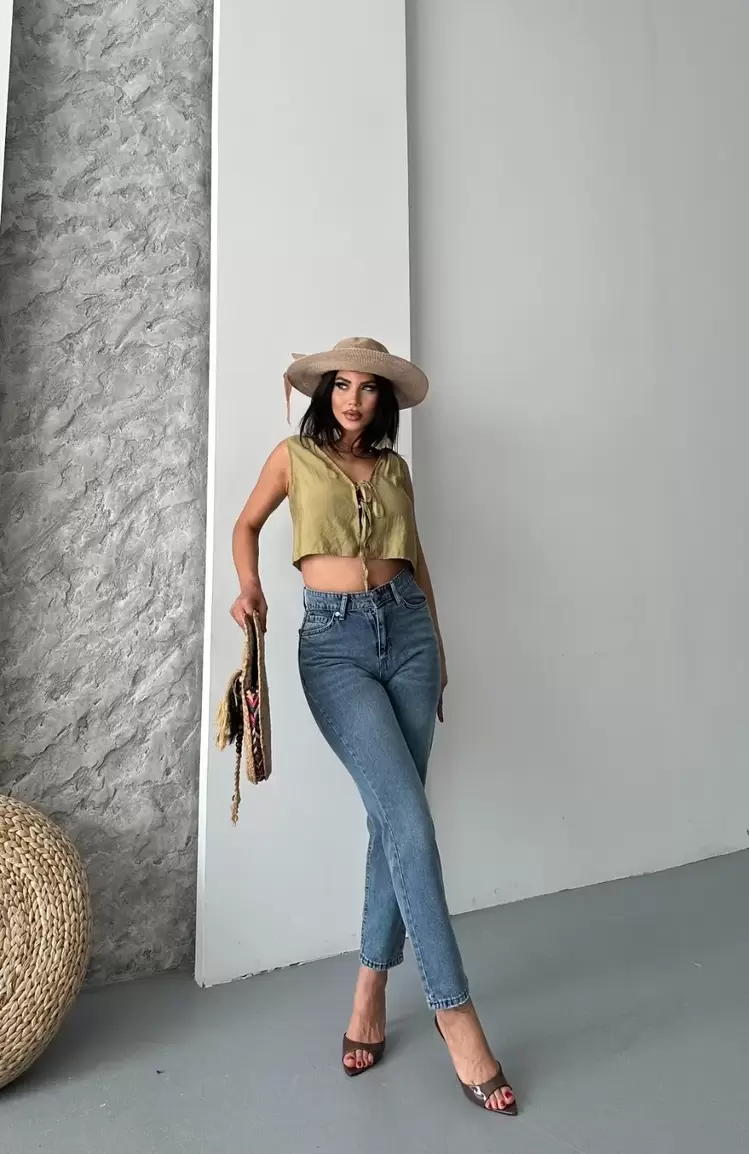 Mom fit bıyık kar yıkama jeans pantolon koyu mavi d2006