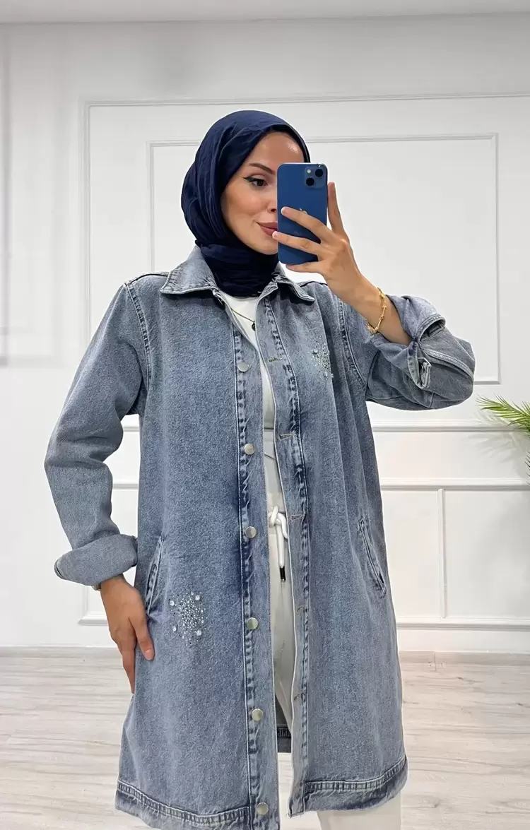 Taşlı tunik ceket kar yıkama orta mavi d2516
