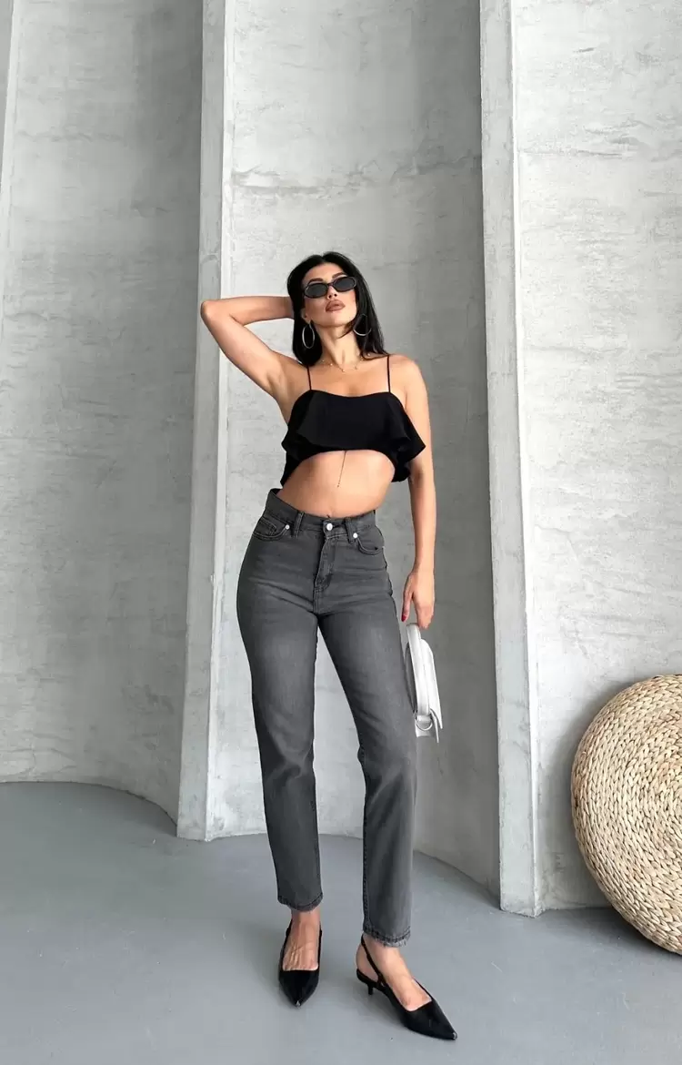Mom fit enzim taş yıkama jeans pantolon füme d2006