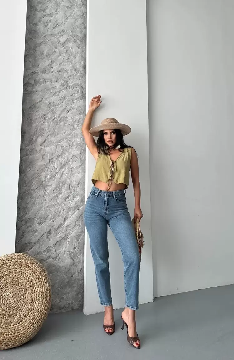 Mom fit bıyık kar yıkama jeans pantolon koyu mavi d2006