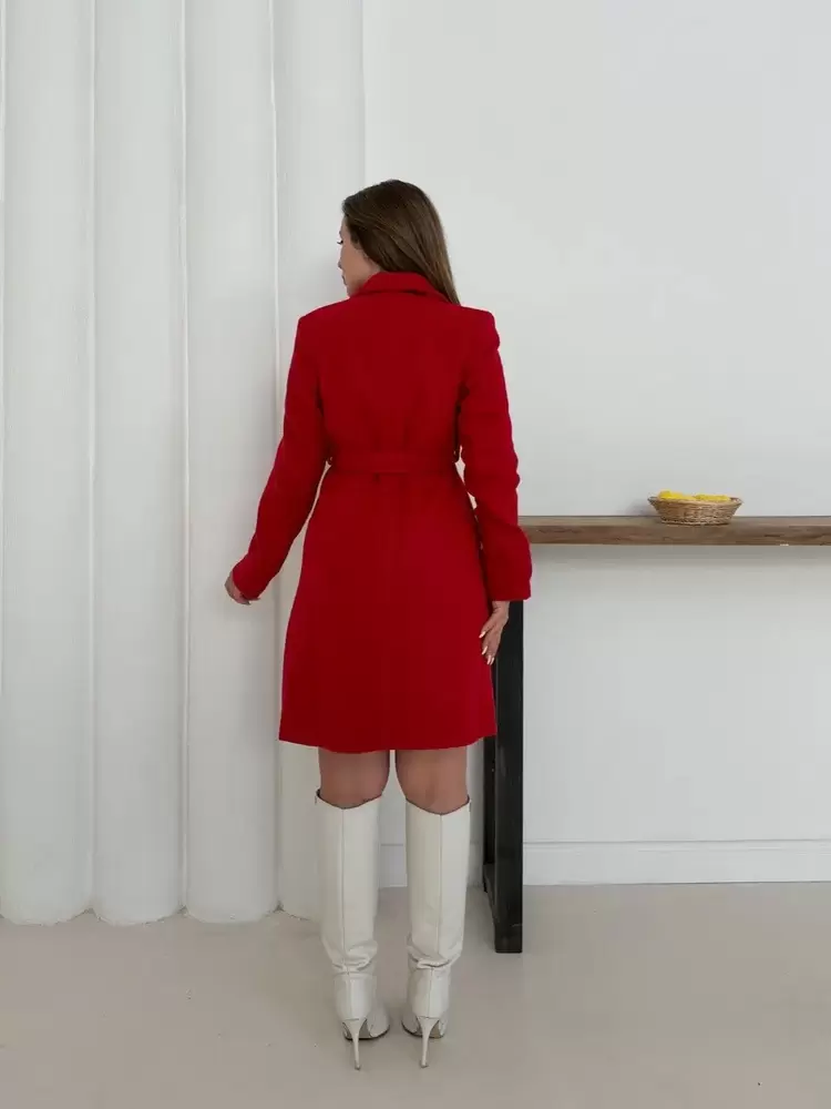 Cepli kuşaklı kaşe kaban kırmızı st26458