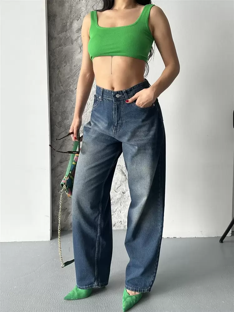 Baggy süper taş bıyık yıkama kahve tint jeans pantolon d2007