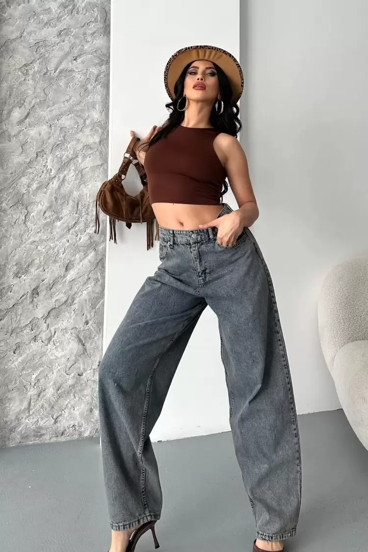 Baggy kar yıkama eskitme kahve jeans pantolon d2007