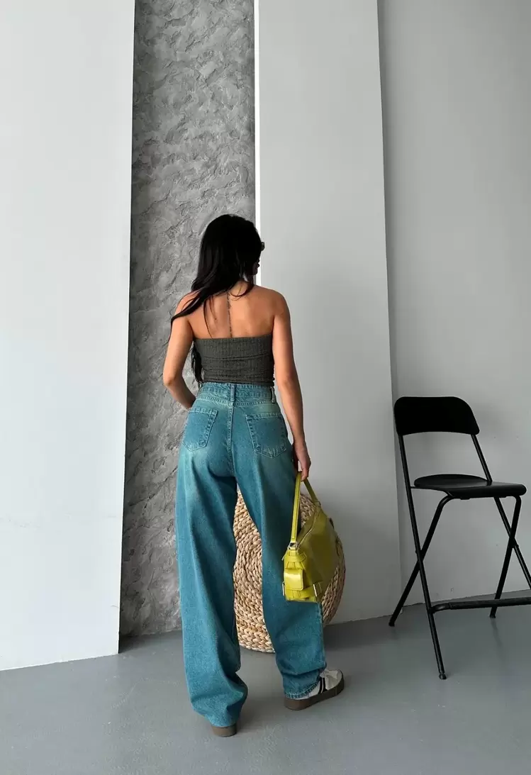 Baggy taş enzim bıyık yıkama jeans pantolon yeşil tint d2007