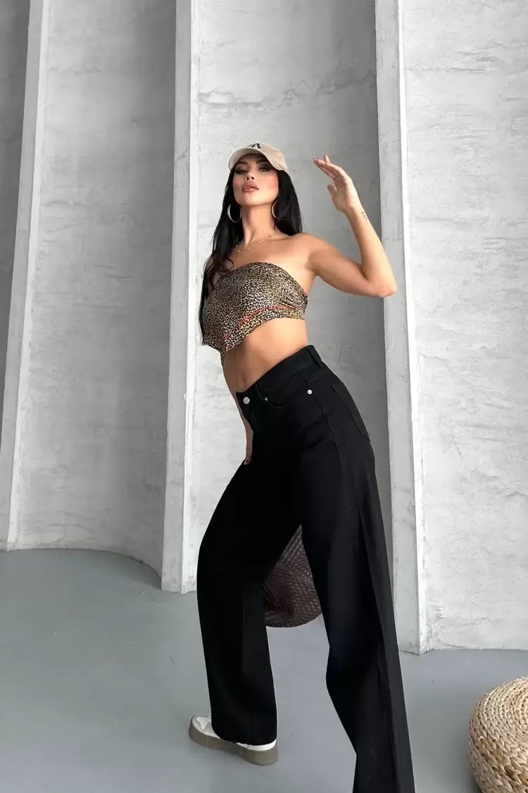 Palazzo straight enzim süper taş yıkama jeans pantolon siyah d2008