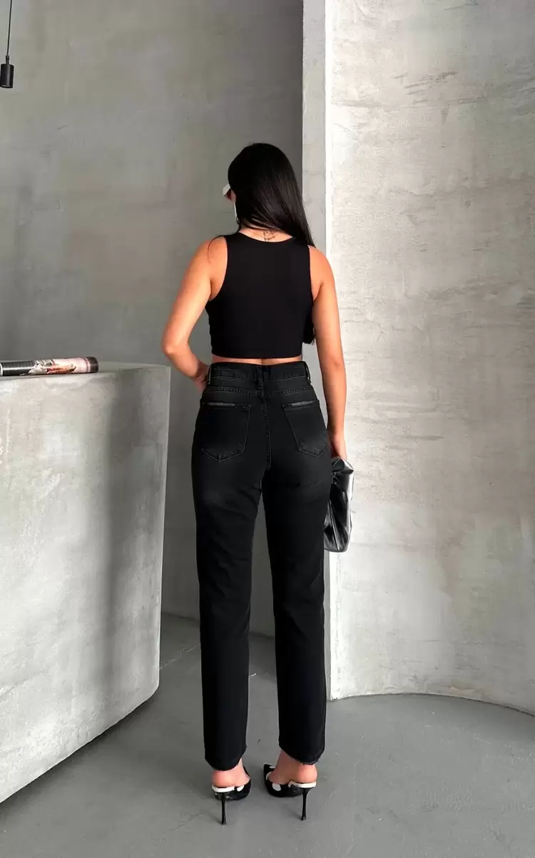 Mom fit enzim bıyıklı taş yıkama jeans pantolon siyah d2006