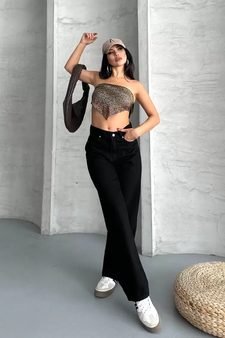 Palazzo straight enzim süper taş yıkama jeans pantolon siyah d2008