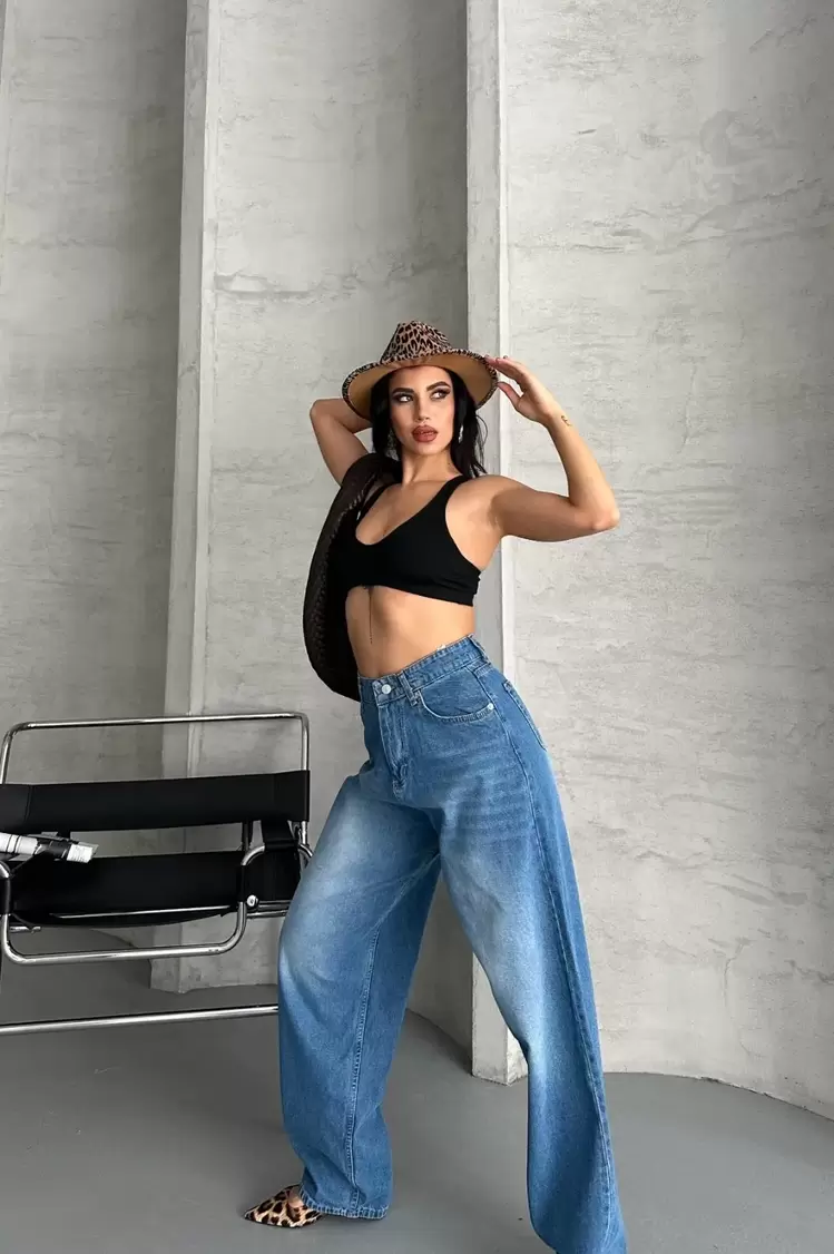 Baggy süper taş bıyık yıkama mavi jeans pantolon d2007