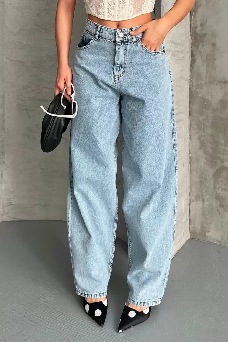 Baggy kar yıkama buz mavi jeans pantolon d2007